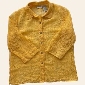 White Stag sheer burnout button blouse yellow L collared 3/4 sleeve Y2K